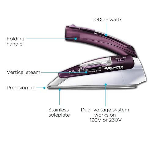 Rowenta, Seyahat Ütüsü, Giysiler İçin Pro Kompakt Paslanmaz Çelik Tabanlı Buharlı Ütü, 200 Mikro Buhar Deliği, 1000 Watt Ütüleme, Kumaş Buharlayıcı, Çift Voltaj, Mor Mini Ütü, DA1560 - 2
