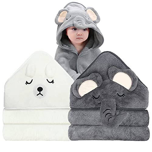 ROXANEPIG 2 Pack Hooded Baby Towels - Premium Ultra Soft Organic Baby Bath Towel – Absorbent and Hypoallergenic Towels for Baby Boy Girl, Toddler, Newborn Essentials (Elephant & Bear) - 1