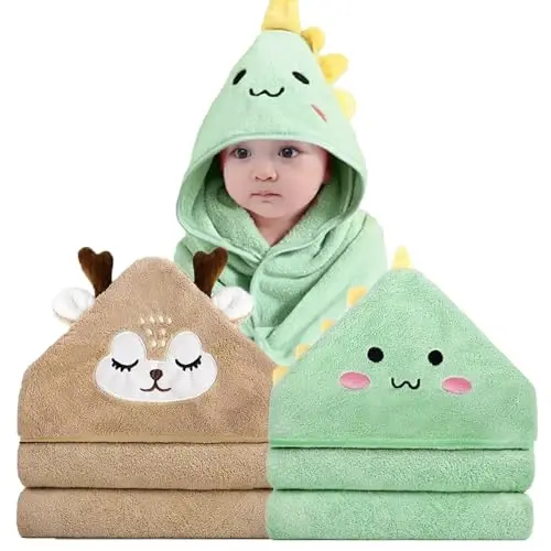 ROXANEPIG 2 Pack Hooded Baby Towels - Premium Ultra Soft Organic Baby Bath Towel – Absorbent and Hypoallergenic Towels for Baby Boy Girl, Toddler, Newborn Essentials (Green,Brown) - 1