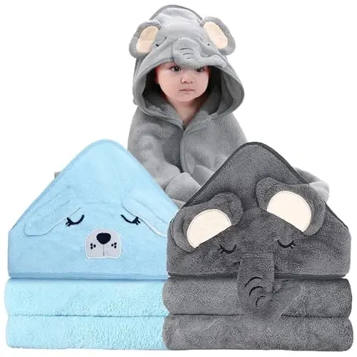 ROXANEPIG 2 Pack Hooded Baby Towel - Premium Soft Bath Towel for Bathtub for Babie, Newborn, Infant - Ultra Absorbent, Natural Baby Stuff Towel for Boy and Girl (Elephant, Dog) - 1