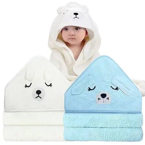 ROXANEPIG 2 Pack Hooded Baby Towel - Premium Soft Bath Towel for Bathtub for Babie, Newborn, Infant - Ultra Absorbent, Natural Baby Stuff Towel for Boy and Girl (White & Blue) - ROXANEPIG