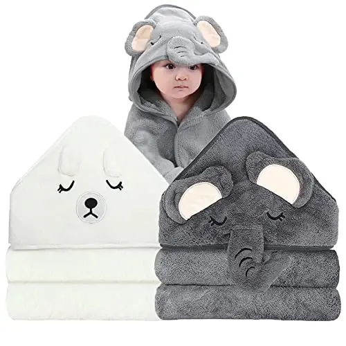 ROXANEPIG 2 Pack Hooded Baby Towels - Premium Ultra Soft Organic Baby Bath Towel – Absorbent and Hypoallergenic Towels for Baby Boy Girl, Toddler, Newborn Essentials (Elephant & Bear) 