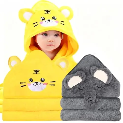 ROXANEPIG 2 Pack Hooded Baby Towels for Newborn, Baby Bath Towel with Hood for Babies, Infant, Toddler and Kids, Soft and Absorbent Newborn Essential(Elephant & Tiger) - 1