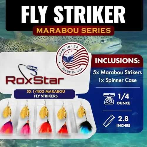 RoxStar Fly Strikers butun mamlakat bo'ylab har qanday spinnerdan ko'proq baliq ovlash uchun isbotlangan | AQShda qo'lda bog'langan | Eng ko'p qirrali baliq ovlash spinneri! Forel uchun ham bass va po'lat boshli baliqlar uchun mo'ljallangan baliq ovlash vositasi | Baliq ovlashni to'xtating - tutishni boshlang - ROXSTAR LURES (1)