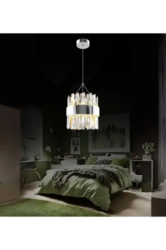 Roxy 13'lü Sarkıt Taşlı Led Avize Kristal Taş Salon Otel Lobi Yüksek Tavan Aydınlatma - Krom - RONİSU AYDINLATMA