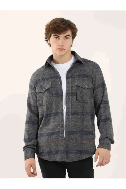 Royal Blue Men's Regular Fit Checkered Pattern Classic Collar Long Sleeve Lumberjack Shirt - DUFY