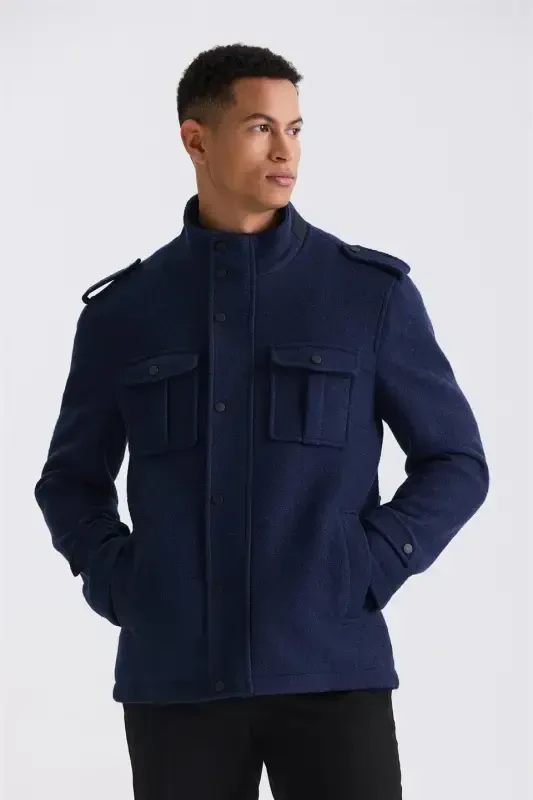 Royal Blue Slim Fit Mandarin Collar Epaulette Patterned Casual Blazer - 1