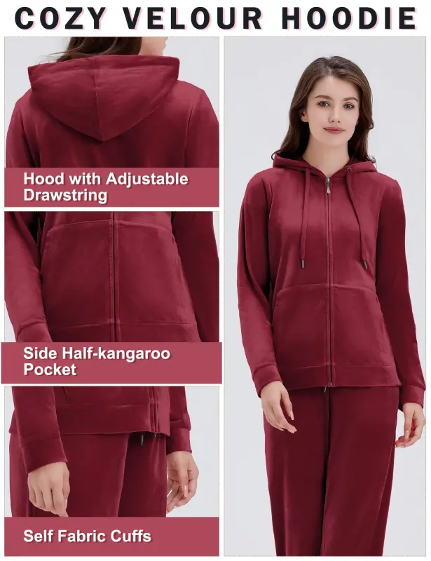 ROYAL MATRIX Women's Velour Sweatsuits - 2 Pieces Velvet Tracksuits Long Sleeve Full Zip Outfits Hoodie & Sweatpants Sets (Wine, M)- - 3