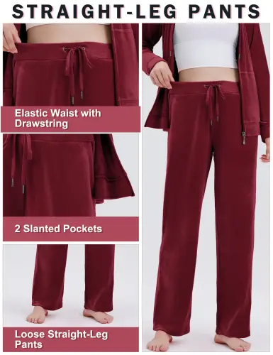 ROYAL MATRIX Women's Velour Sweatsuits - 2 Pieces Velvet Tracksuits Long Sleeve Full Zip Outfits Hoodie & Sweatpants Sets (Wine, M)- - 5
