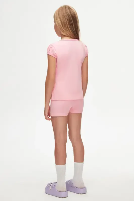 Розовая Базовая Детская Футболка с Коротким Рукавом и Круглым Вырезом-PEONY PINK - 4