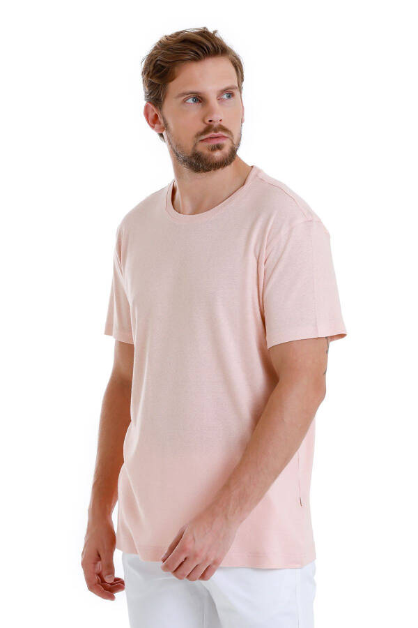 Розовая футболка льняная прямого кроя с круглым вырезом - 4