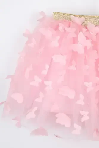 Розовая тюлевая юбка для девочки с аппликацией бабочки - Pauline-Pembe - 4