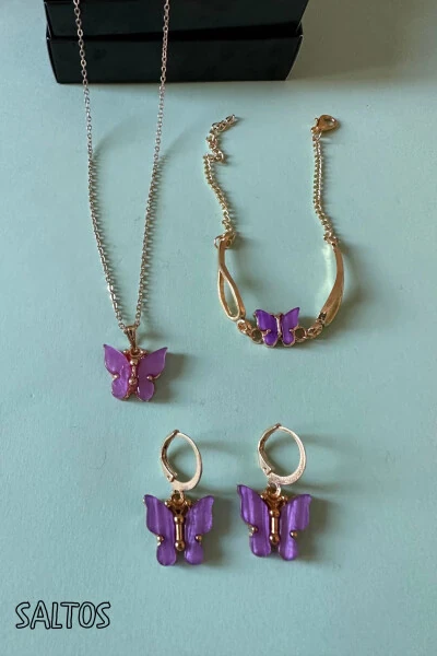 Розовое ожерелье с бабочкой, браслет, серьги, подарок на день рождения, женский набор ожерелья, браслета, сережек, набор с бабочкой - SALTOS