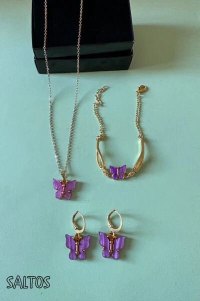 Розовое ожерелье с бабочкой, браслет, серьги, подарок на день рождения, женский набор ожерелья, браслета, сережек, набор с бабочкой - SALTOS (1)