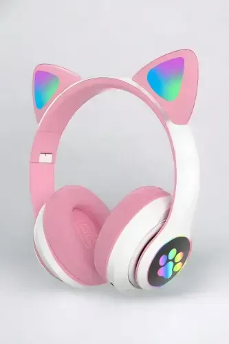 Розовые Bluetooth наушники с кошачьими ушками | LED подсветка | Складные | Беспроводные | Разноцветная лапа Led-РОЗОВЫЙ - 3