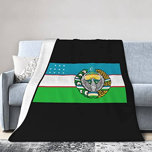 Rqwaaed Flag of Uzbekistan with Coat of arms Throw Blankets Cozy Warm Lightweight Flannel Blanket for Sofa Bed Men and Women - 1