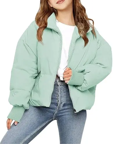 rrhass Girls Winter Long Sleeve Zip Puffer Jacket Kids Baggy Short Down Coats - RRHSS
