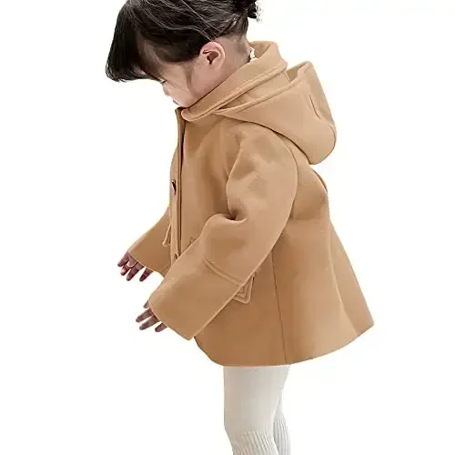 rrhss Baby Girls Button Formal Coat Toddler Kids Hooded Woolen Jacket Fall Winter Outwear - RRHSS