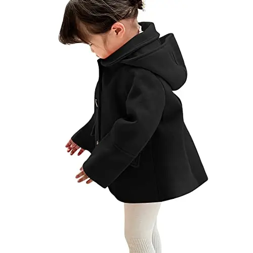rrhss Baby Girls Button Formal Coat Toddler Kids Hooded Woolen Jacket Fall Winter Outwear - 6