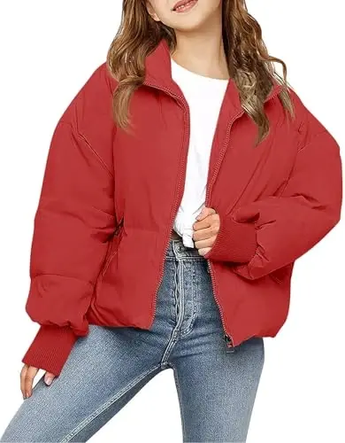 rrhss Kız Çocuk Kışlık Uzun Kollu Fermuarlı Puffer Ceket Çocuk Baggy Kısa Kaz Tüyü Kabanlar 