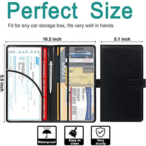 RSAquar Car Registration and Insurance Holder, Leather Car Glove Box Organizer, Cool Car Accessories for ID, Driver's License Cards & Essential Document, Men&Women, Black - 4