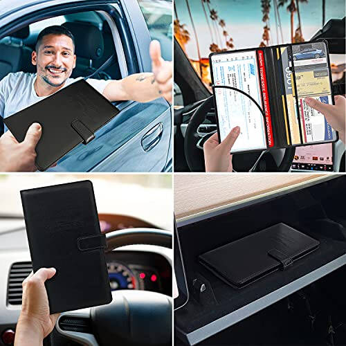 RSAquar Car Registration and Insurance Holder, Leather Car Glove Box Organizer, Cool Car Accessories for ID, Driver's License Cards & Essential Document, Men&Women, Black - 5