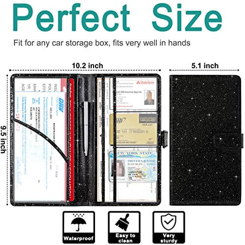 RSAquar Car Registration and Insurance Holder, Vehicle Glove Box Organizer Cool Car Accessories, Car Document Holder for Cards, Driver License & Essential Document, Black Glitter - 3