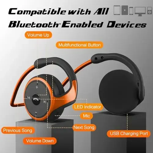 RTUSIA Small Bluetooth Headphones Wrap Around Head - Sports Wireless Headset with Built in Microphone and Crystal-Clear Sound, Foldable and Carried in The Purse, and 12-Hour Battery Life (Orange) - 2