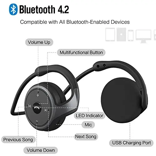 RTUSIA Small Bluetooth Headphones Oʻralgan bosh atrofida - Oʻrnatilgan mikrofon va tiniq ovozli, buklanadigan va sumkada olib yuriladigan, 12 soatlik batareyali sport simsiz garniturasi, qora - 4