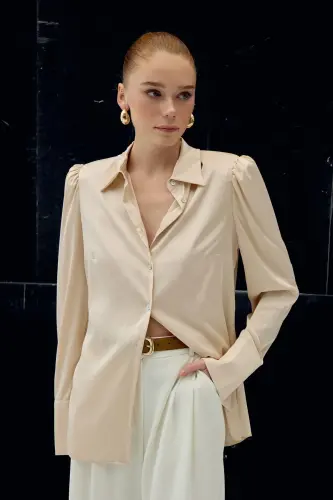 Рубашка атласная с подплечниками - Бежевый-БЕЖЕВЫЙ - 1