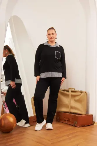 Рубашка-блузка большого размера в клетку с карманом, черная - 5