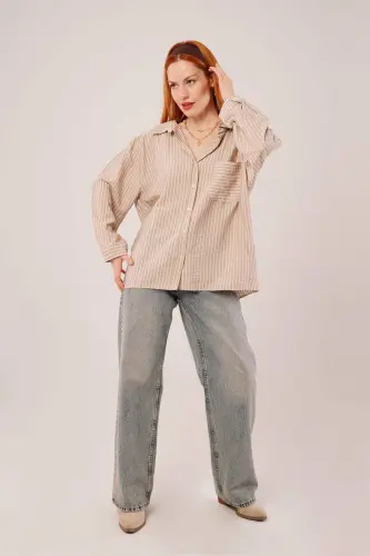 Рубашка цвета кэмел с карманами и деталями в полоску - BÜYÜKBEDENIZ (1)