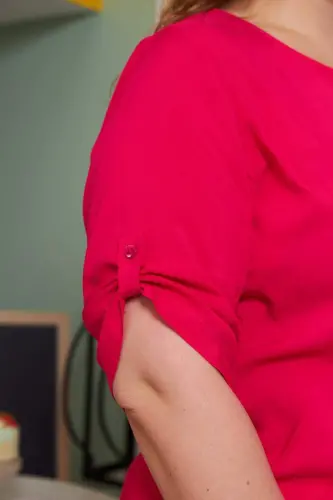 Рубашка фуксия большого размера из вискозы с вуалью и деталями на рукавах - 4