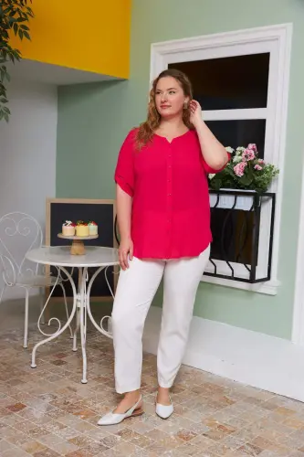 Рубашка фуксия большого размера из вискозы с вуалью и деталями на рукавах - 6
