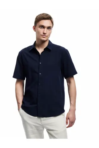 Рубашка классическая Regular Fit из хлопка с короткими рукавами - темно-синий - KOTON (1)