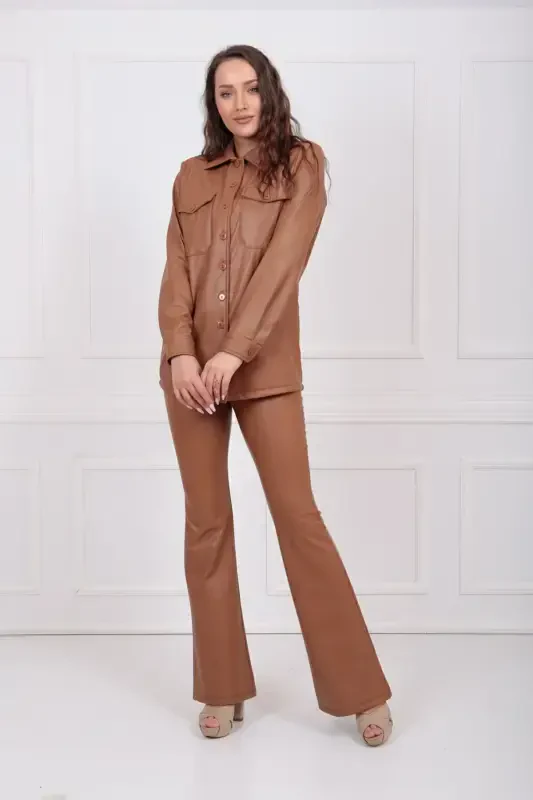 Рубашка кожаная с U-образным рукавом на пуговицах и карманами Gml33163 табачного цвета. - 4