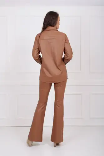 Рубашка кожаная с U-образным рукавом на пуговицах и карманами Gml33163 табачного цвета. - 7