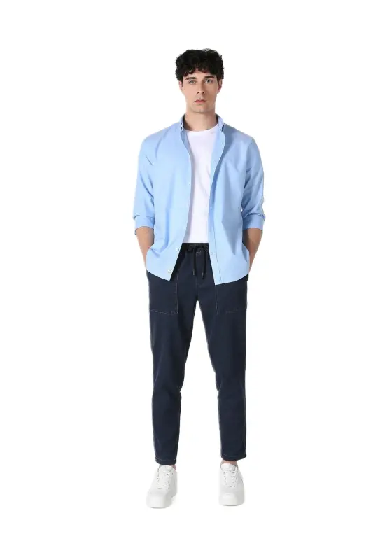 Рубашка мужская с длинным рукавом Slim Fit, синяя - 4