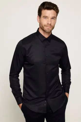 Рубашка мужская Slim Fit с длинным рукавом, легкогладящая, влагоотводящая, дышащая, текстурная, с завязками, для всех сезонов, черная 