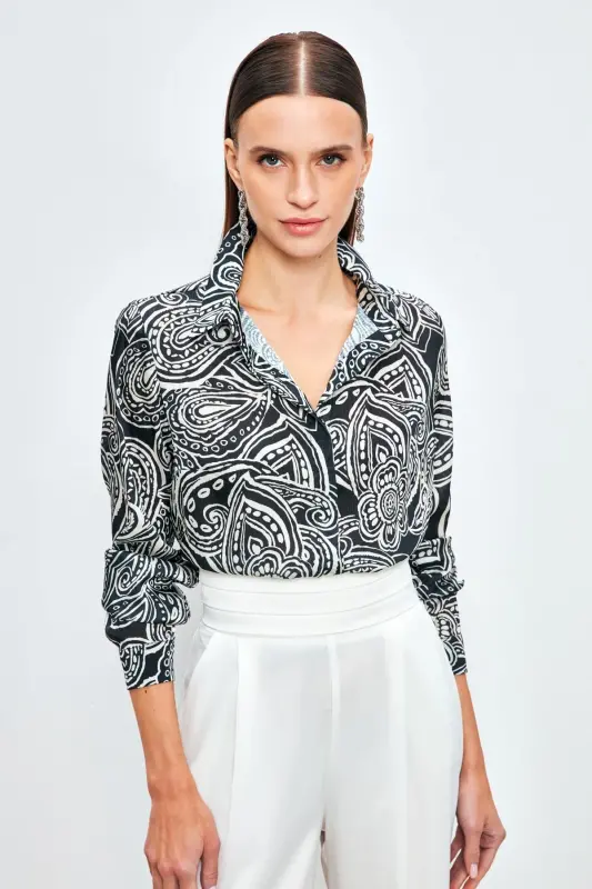 Рубашка однотонная с узором - ЧЕРНЫЙ-ЧЕРНЫЙ - SATEEN