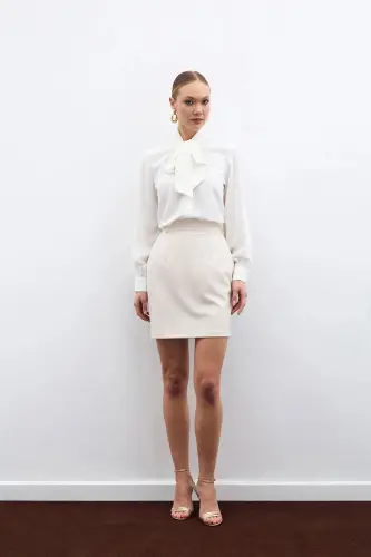 Рубашка однотонная с завязками на вороте - Экрю-ЭКРЮ - SATEEN (1)