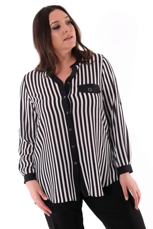 Рубашка оверсайз черная в полоску с V-образным вырезом - BÜYÜKBEDENIZ