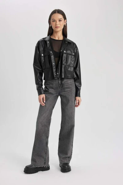 Рубашка с длинным рукавом из искусственной кожи Oversize Fit Черная - 6