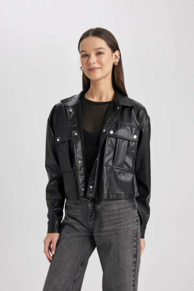 Рубашка с длинным рукавом из искусственной кожи Oversize Fit Черная - 7