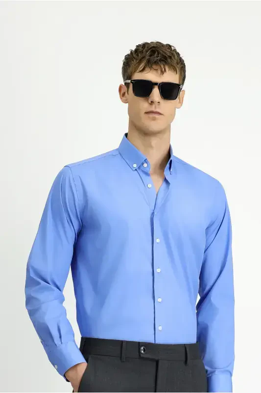 Рубашка с длинным рукавом Regular Fit Non Iron, не требующая глажки, хлопковая, на пуговицах, с воротником - Aqua Mavisi - 7