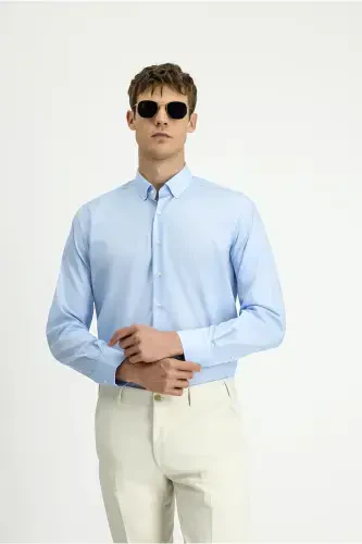 Рубашка с длинным рукавом Regular Fit Non Iron, не требующая глажки, хлопковая, на пуговицах, светло-голубая - 4