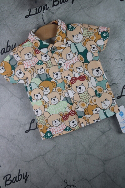 Рубашка с коротким рукавом на кнопках с принтом медведя и мягкие джинсовые штаны из лайкры 6-18 месяцев для мальчика - 3