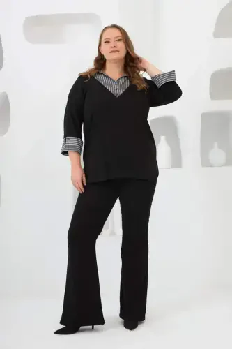 Рубашка с отделкой, блузка большого размера, черная - 5