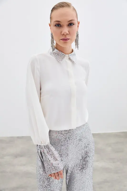 Рубашка с пайетками - Экрю-ЭКРЮ - SATEEN