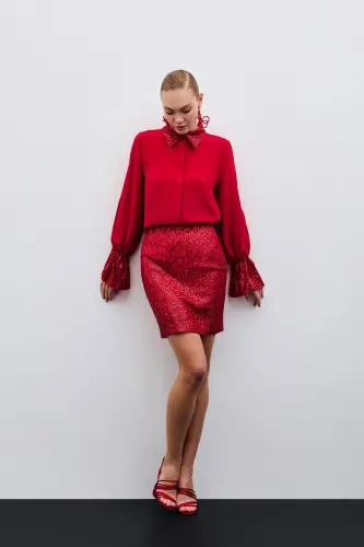 Рубашка с пайетками - Красный-Красный - 6